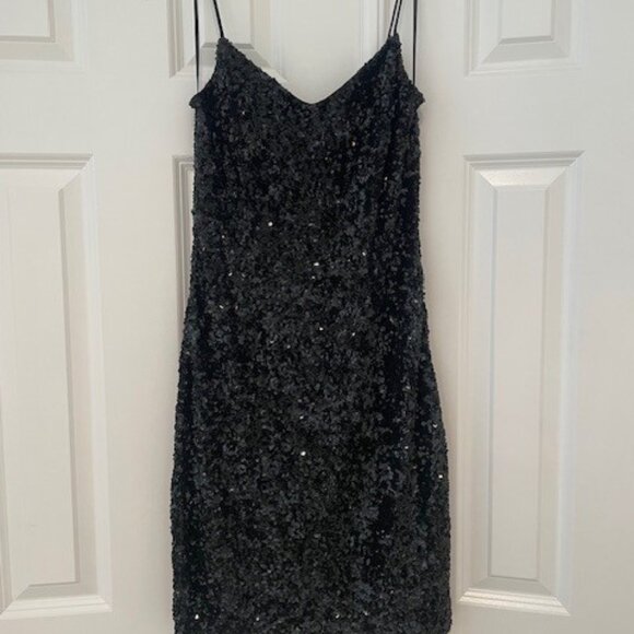 Theia Couture Black Mini Sequin Spaghetti Strap Dress– Sz 2 - Picture 3 of 9